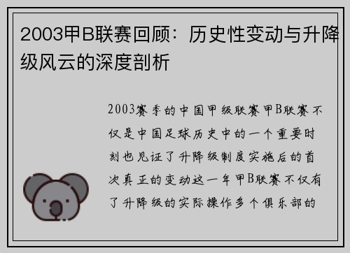 2003甲B联赛回顾：历史性变动与升降级风云的深度剖析